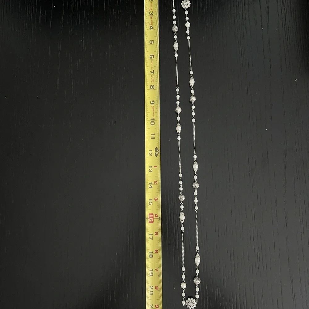 Silver and White Pearl Costume Jewelry Long Necklace